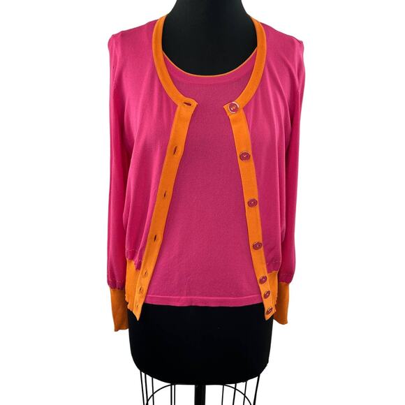 LUISA SPAGNOLI Pink Orange Long Sleeve Button Cardigan Sweater/ Tank Top SET M - Picture 1 of 7